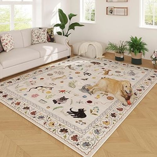 Rugcomf Area Rugs 9x12 Living Room Clearance Washable Boho Rug Non Slip Floral Animal Cat Vintage Low Pile Large Rug for Living Room Bedroom Farmhouse Dining Room Kids Playroom, Beige