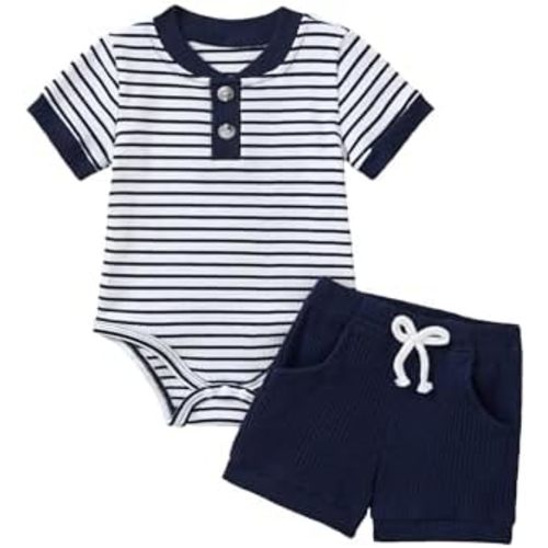 Baby Boy Clothes Short Sleeve Striped Romper Solid Short Set Ribbed Knitted Summer Outfit