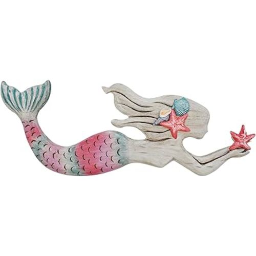 Rustic Wood Mermaid Decor Hanging Nautical Wall Decor, Wooden Mermaid Plaque Wall Sculpture Bathroom Beach Themed Decorations Coastal Mediterranean Wall Art for Home Farmhouse (Pink 17X6.5 Inch)