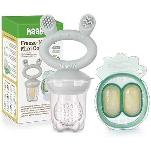 Haakaa Baby Fruit Food Feeder & Mini Freezer Nibble Tray Combo, Breastmilk Popsicle Molds for Baby Cooling Relief, BPA Free Silicone Feeder for Safe Infant Self Feeding, 4 Month+ (Slate Grey)