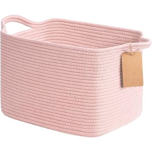 Goodpick Woven Storage Basket for Shelves, Small Baskets for Organizing, Rectangle Baby Nursery basket, Towel Baskets for Bathroom, Living Room, 13 x 10 x 9 Inches, Light Pink