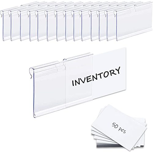 50PCS Basket Bin Labels Clip On,ChanQnTon Clear Plastic Labels for Storage Bins, Wire Shelf Price Tags,Merchandise Sign Display Holder,50PCS 6X4CM Paper Inserts Included.