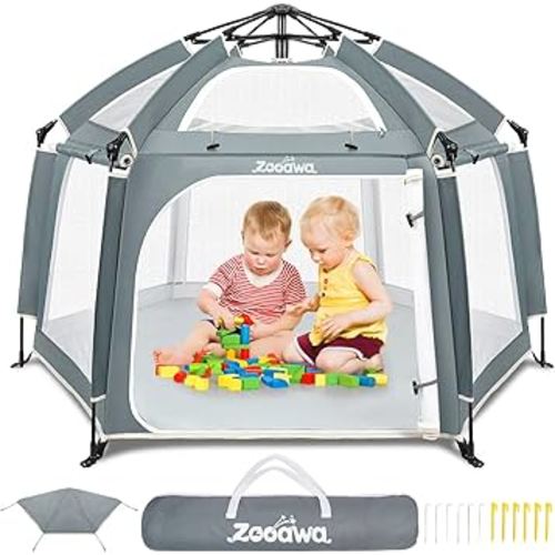 Zooawa Pop Up Playpen for Baby, 150*100 cm(L*H) Playpen for Babies and Toddlers with Removable Sun-Shades& 2 Side UV Covers, Lightweight Outdoor Baby Play pen for Beach Home with Travel Bag,Light Gray