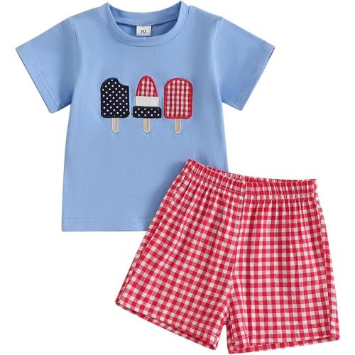 4th of July Toddler Baby Boy Clothes American Flag Ice Cream Embroidery Short Sleeve T Shirt Plaid Shorts 2Pcs Clothes