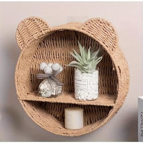 Bear Rattan Wall Shelf, Handwoven Wicker Nursery Shelf for Wall, Wall-Mounted Floating Display Shelf Organizer for Small Books, Toys & Decor