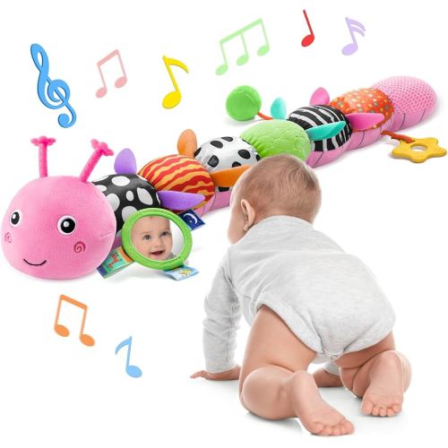 Baby Toys 6-12 Months Music Caterpillar Infant Toys Stuffed Animals 0-3-6 Months Teething Tummy Time Sensory Toys with Mirror Rattle&Pull String for Boys Girls Birthday Gifts|Candy Pink,Leafy