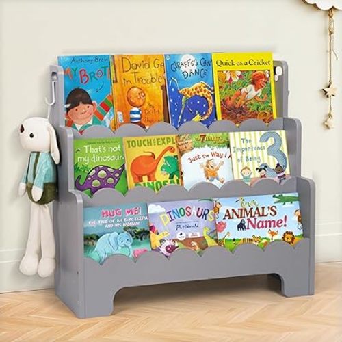 Kids Bookshelf Wooden 3-Tier, Scalloped Book Shelf for Kids Rooms, Front Facing Toddler Montessori Bookshelf, Baby Nursery Book Shelves Kid Classroom Book Shelf Bookcase