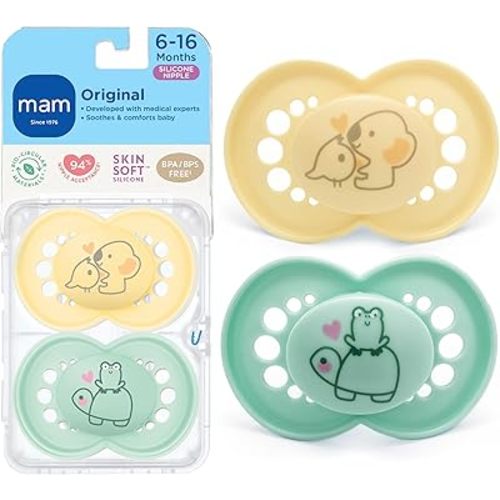 MAM Original Matte Baby Pacifiers 6-16 Months, Binky for Newborn Babies, BPA-Free Skin Soft Silicone Nipple, Easy to Clean, Developed with Medical Experts, 2 Count, with Sterilizer Cas Made in Europe
