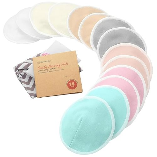 Organic Nursing Pads - 14 Washable Breast Pads for Breastfeeding, Wash Bag, Viscose Derived from Bamboo Reusable Nipple Covers for Breastfeeding Essentials, Soft & Absorbent (Pastel Touch, L 5")