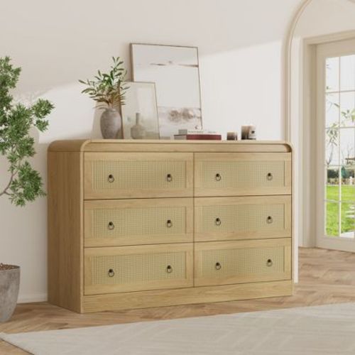 6 Drawer Dresser for Bedroom,46''Wide Rattan Dresser,Dressers & Chests of Drawers,Chest of Drawers for Bedroom,Living Room,Hallway(Natural Wood)