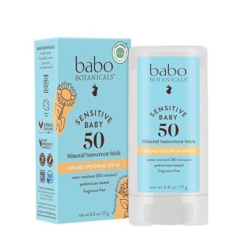 Babo Botanicals Sensitive Baby Mineral Sunscreen Stick SPF 50 | 70% Organic Ingredients | Zinc Oxide | NSF & Made Safe Certified | EWG Verified | Water Resistant | Fragrance-Free | for Babies & Kids