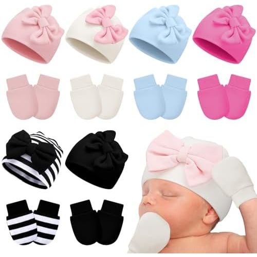 6 Pack Newborn Baby Girl Hats and Mittens Set Cotton Bow Beanie Preemie Hats Infant Caps for Baby Girls