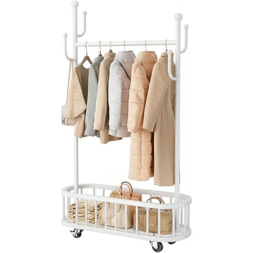 Garvee Rolling Clothing Rack with Wheels and Basket Storage, Metal Moveable Large Coat Rack Decorative Clothing Racks for Hanging Clothes for Bedroom Boutiques