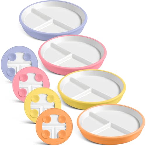 Domensi 4 Pcs 8" Large Porcelain Kids Plates with Anti-slip Silicone Sleeve Ceramic Divided Plate with Suction for Toddler Eating Microwave Dishwasher Friendly (Orange,Yellow,Pink,Purple)