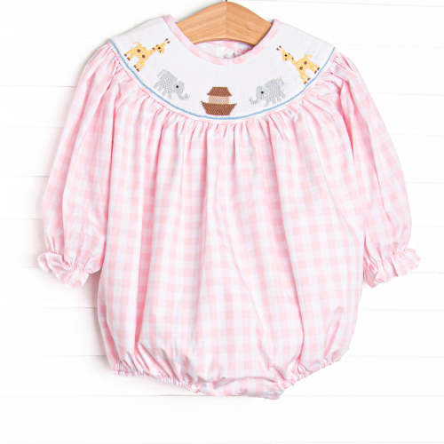 Noah's Ark Smocked Bubble, Pink Check – Stitchy Fish