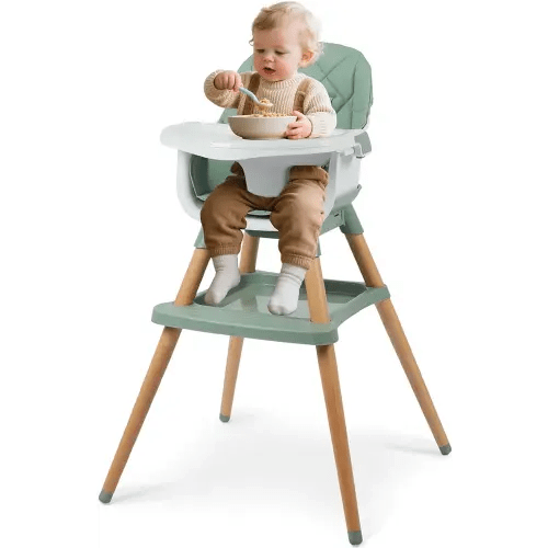 Kinder King 7 in 1 Baby High Chair for Babies and Toddlers with Large Storage Footrest, Booster Seat, Convertible Wooden High Chair with 3-Depth Double Dishwasher Safe Tray, 5 Point Harness, Green