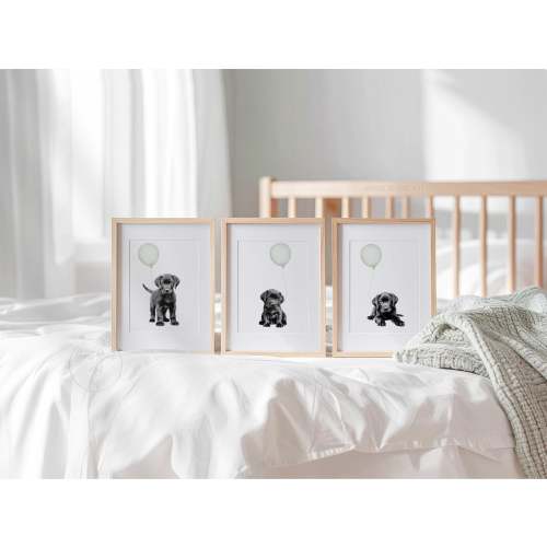 Set of 3 BLACK LABRADOR nursery prints, Black Lab puppies with sage green balloons, Puppy Nursery Decor, Printable Puppy Wall Art