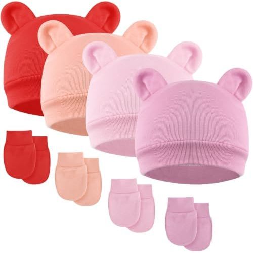 BQUBO Newborn Baby Bear Ears Hats and Mittens Sets Preemie Cotton Caps Baby Boy Girl Infant Hospital Beanie