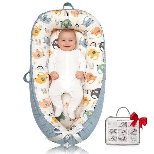 Organic Cotton Baby Lounger – Reversible, Portable, Soft & Breathable with Washable Cover | Perfect for Awake-Time Use Only - Big Elephant