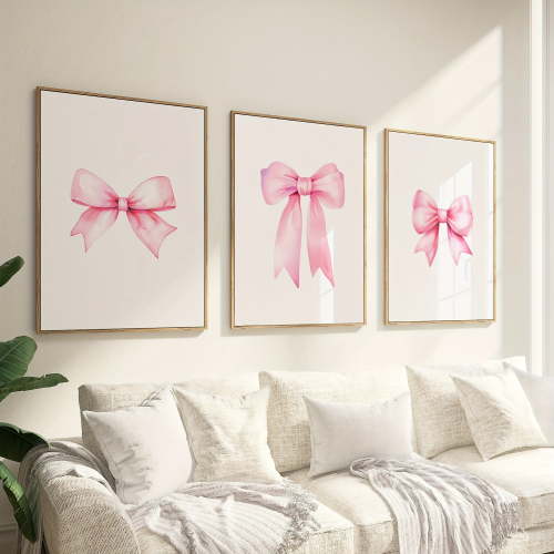 Set of 3 Pink Bow Canvas Wall Art Prints - Modern Abstract Unframed Posters for Living Room, Bedroom, and Hallway Home Decor
