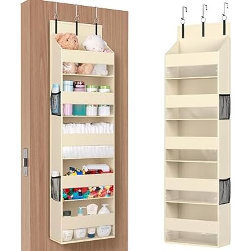 Lifewit 1 Pack Over the Door Organizer, Clear Window Hanging Storage with 4 Mesh Side Pockets, Anti Tilt 40 lbs Load Behind Door for Pantry, Nursery, Bathroom, Bedroom, Dorm, 5 Section, Beige