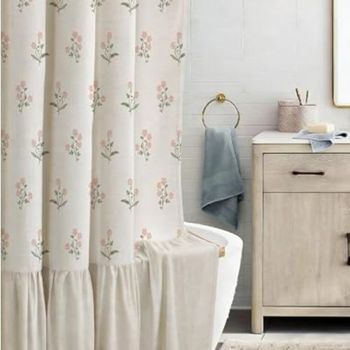 ORTIGIA Linen Shower Curtain with Ruffle Farmhouse Vintage Pink Green Floral Shower Curtains Boho Rustic Block Print Cottagecore Decor for Bathroom 72 W x 72 L