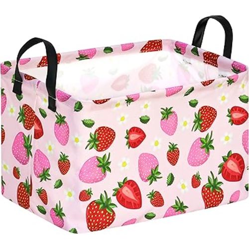 Strawberry Print Storage Box Girls Gifts Basket Clothes Hamper Basket Collapsible Organizer Bin Gift Shelf Baskets for Home and Kitchen Storage.