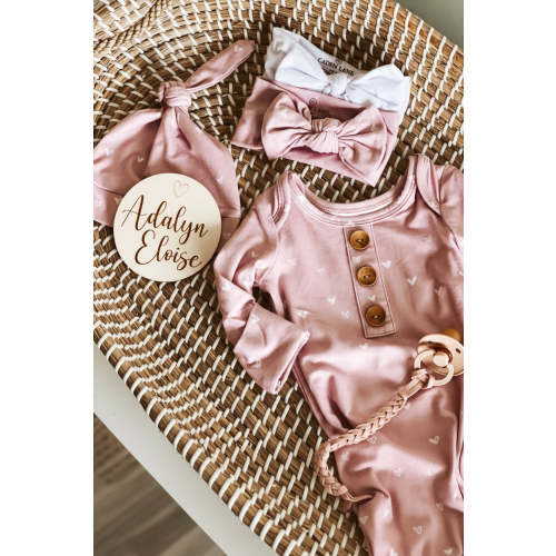 Tiny Hearts in Dusty Pink Newborn Baby Knot Gown & Hat Set