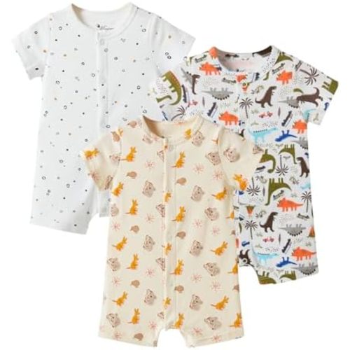 3-Pack 100% Cotton Baby Boy Rompers,0-24Months Short Sleeve Toddler Romper,Breathable Spring/Summer Clothes