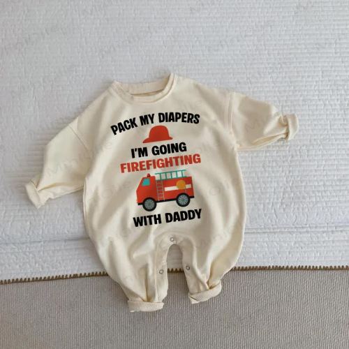 PACK MY DIAPERS I'M GOING FIREFIGHTING WITH DADDY Baby Toddler Beige Romper