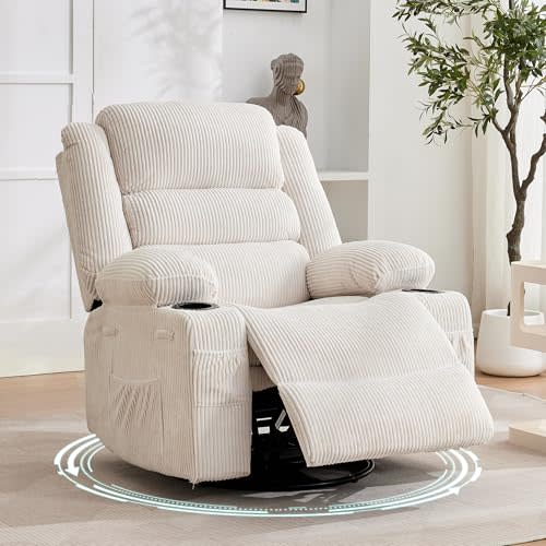 360° Swivel Recliner Chair for Adult, Corduroy Rocker Chair with 3 Positions/2 Side Pockets/Cup Holders, Manual Nursery Glider Rocking Chair for Bedroom Living Room Office