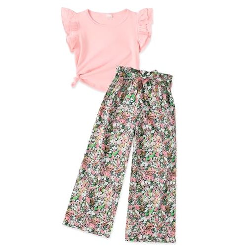 GEMLON Girls' Clothing Sets Solid Ruffle Sleeve Tank Top and Printed Wide Leg Pant 2 Piece Set Summer Outfits for Girls 5-14Y