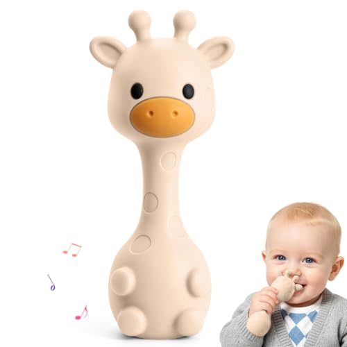 2-in-1 Baby Teething Rattle Toys 3-12 Months, BPA Free Silicone Teether Toy | Giraffe-Shaped Design, Easy to Grip, Easy to Clean, Baby Teether for Teething Relief, Infant Chew Toy, Newborn Shower Gifts