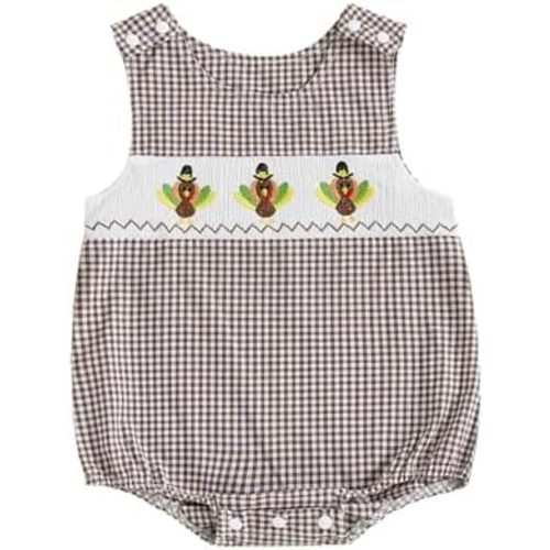 KtwHarnu Newborn Baby Boy Thanksgiving Clothes Turkey Embroidery Sleeveless Smocked Bubble Romper Plaid Bodysuit Fall Outfit