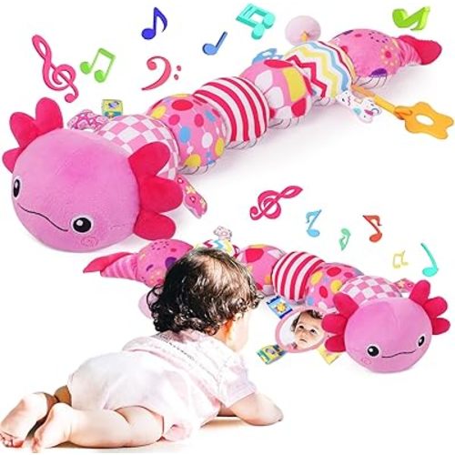 Baby Toys for 0-6 6-12 Months, Plush Axolotl Toy with Crinkle and Rattles for Infant Newborn, Sensory Music Animal Stuffed Toy for 0 1 2 3 4 5 6+ Month, Tummy Time Toys Gifts for 0-3-6-12 Months,Pink