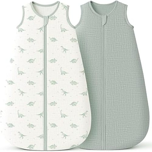 Konssy Muslin Baby Sleep Sack 6-12 Months 0.8 TOG, 2 Pack 100% Cotton Wearable Blanket for Babies, 2-Way Zipper Breathable Sleeping Sack Infant Toddler Essentials for Girls and Boys (Green Dino,Green)