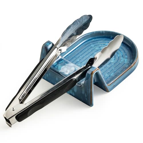 Cooking Spoon Rest with Slot or Spatula, Spoons or Tong Ceramic Spoon Rest for Countertop Heat-Resistant Spoon Holder for Stove Top, Blue