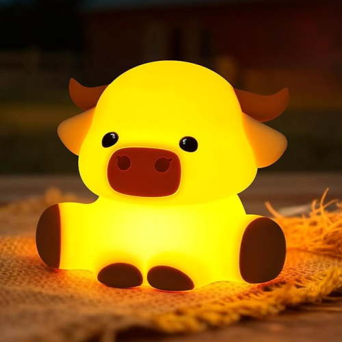 Highland Cow Night Light, Fluffy Cow Squisy Lamp for Kids, Soft Silicone Animal Nightlamp with Dimmable & 30 Mins Timer, Rechargeable LED Light Gifts for Baby Boys Girls