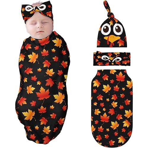 Turkey Swaddle Blankets Newborn Receiving Blanket Baby Swaddle Wrap with Headband Hat Set for Baby Girls Boys