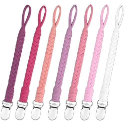 duludulu 7 Pcs Pacifier Clip, Pacifier Clips for Boys & Baby Girls Pacifier Holder Clip Binky Clips Braided 100% Handmade Fits All Pacifiers(Pink, 7 Pack)