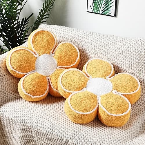 Menkxi 2 Pack Flower Pillows Cute Flower Shaped Pillows 15.7 Inch Christmas Soft Throw Floor Cushion for Living Room Bedroom Sofa Couch Winter Warm Decoration(Yellow)