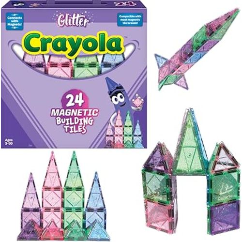 CreateOn Crayola Glitter Magnetic Tiles, Building Set for Kids, Magnetic Tiles, Kids’ Building Toys, STEM & Montessori Toys for Boys and Girls Ages 3+, 24-Piece Set (Glitter)