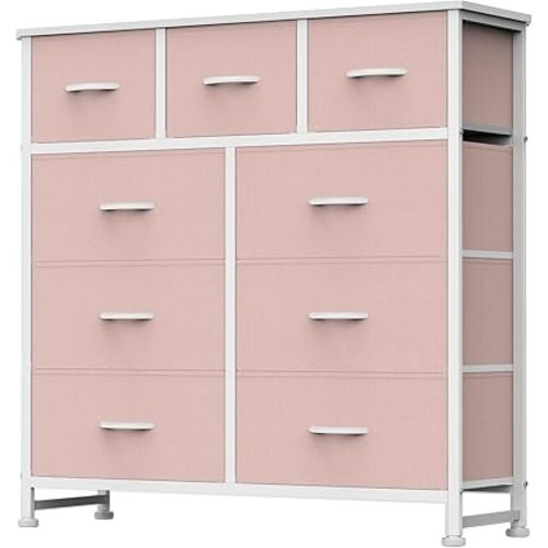 DUMOS Dresser for Bedroom, Storage Organizer with 9 Drawers, Chest of Drawers with Fabric Bins, Sturdy Metal Frame, Wood Tabletop for Guest Room, Closet, Entryway, Pink