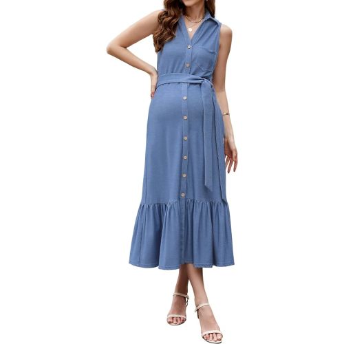 OUGES Womens 2025 Spring Maternity Dress Polo V Neck Sleeveless Ruffle Button Pregnancy Casual Work Dress with Pockets