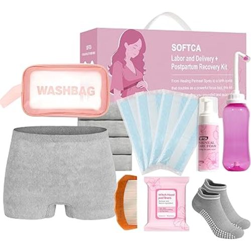 Postpartum Recovery Essentials Kit - Birth Comb,Peri Bottle,Disposable Postpartum Underwear,Perineal Healing Foam,Instant Ice Pads,Cooling Pad Liners,Socks,Canvas Bag,Postpartum Kit Gift Set