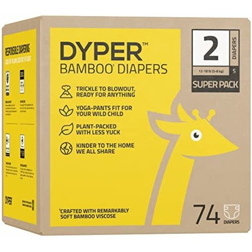 DYPER Viscose from Bamboo Baby Diapers Size 2 | Honest Ingredients | Cloth Alternative | Day & Overnight | Made with Plant-Based* Materials | Hypoallergenic for Sensitive Newborn Skin, Unscented 74Ct