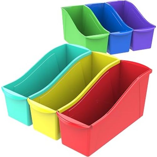 Storex Large Book Bin, Interlocking Plastic Organizer for Home, Office and Classroom, STEM Assortment, 6-Pack