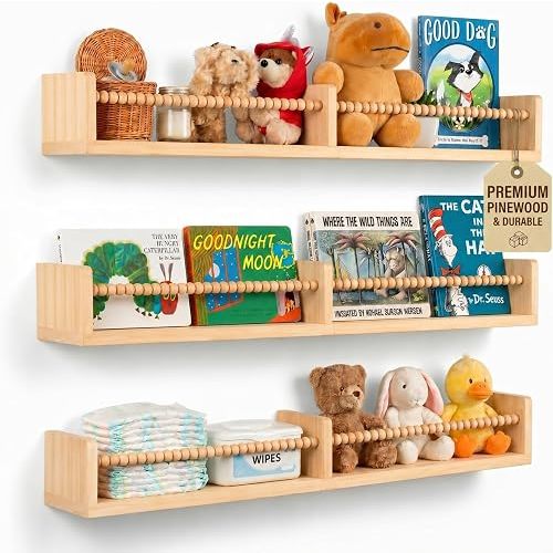 Stelzriede Nursery Book Shelves for Wall – Set of 3 Wooden Wall-Mounted Shelves, Premium Pine Wood, Rounded Edges, Nursery Bookshelf for Kids Room Decor, 31.5" x 3.9" x 3.7"