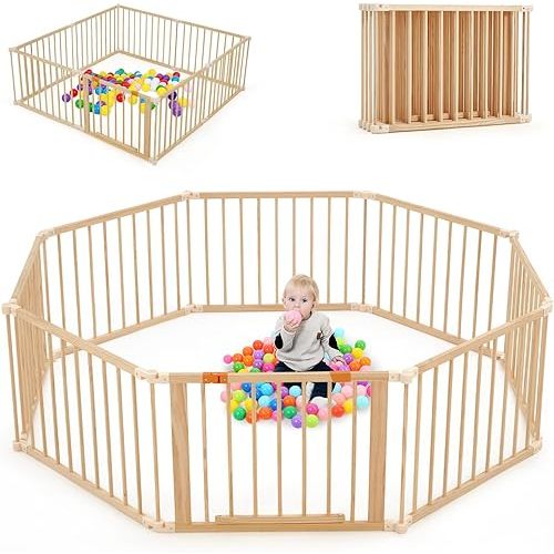 Wooden Baby Playpen 74”×74” Playpen for Babies and Toddlers, Foldable Wooden Play Yard with Gate Safety Play Yard with Locking Gate, Adjustable & Expandable Kids Activity Center (8 Panels)