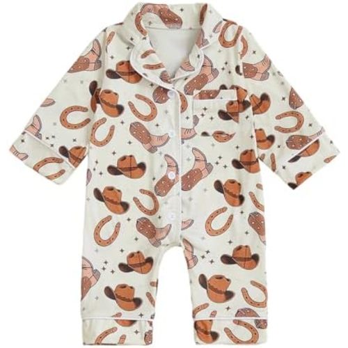 Western Baby Boy Girl Clothes Newborn Button Down Pajamas Romper Lapel Jumpsuit Cute Infant Sleepwear One-Piece Pjs
